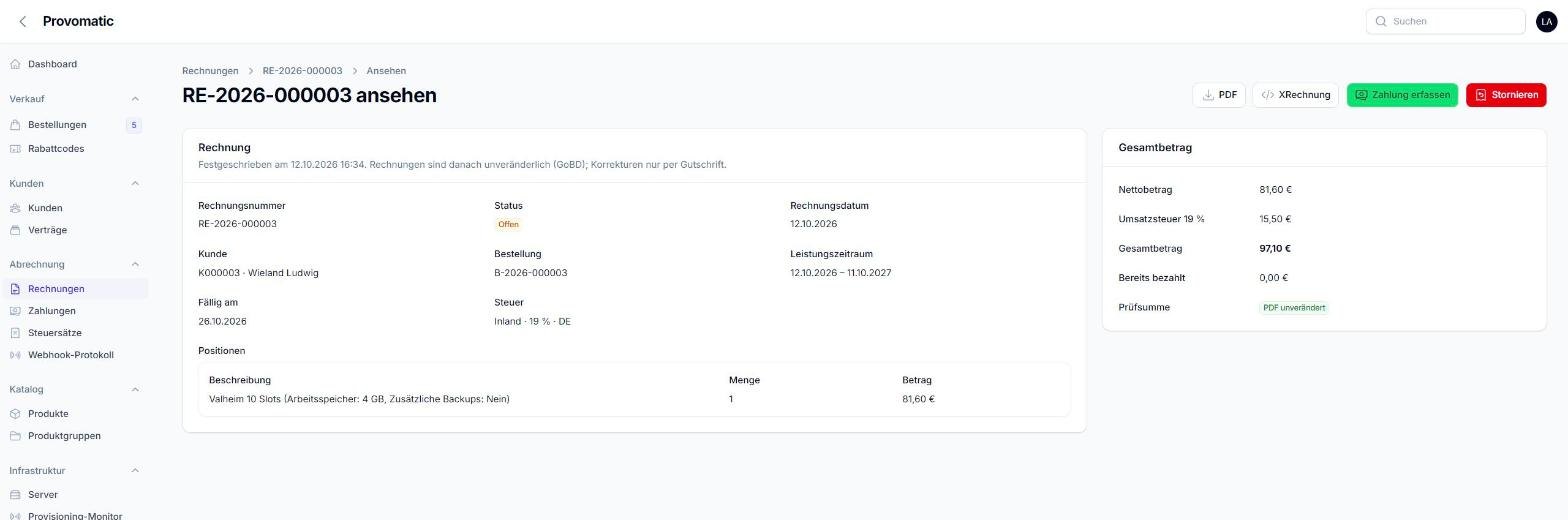 Festgeschrieben mit Prüfsumme; PDF, XRechnung, Zahlung erfassen oder per Gutschrift stornieren.