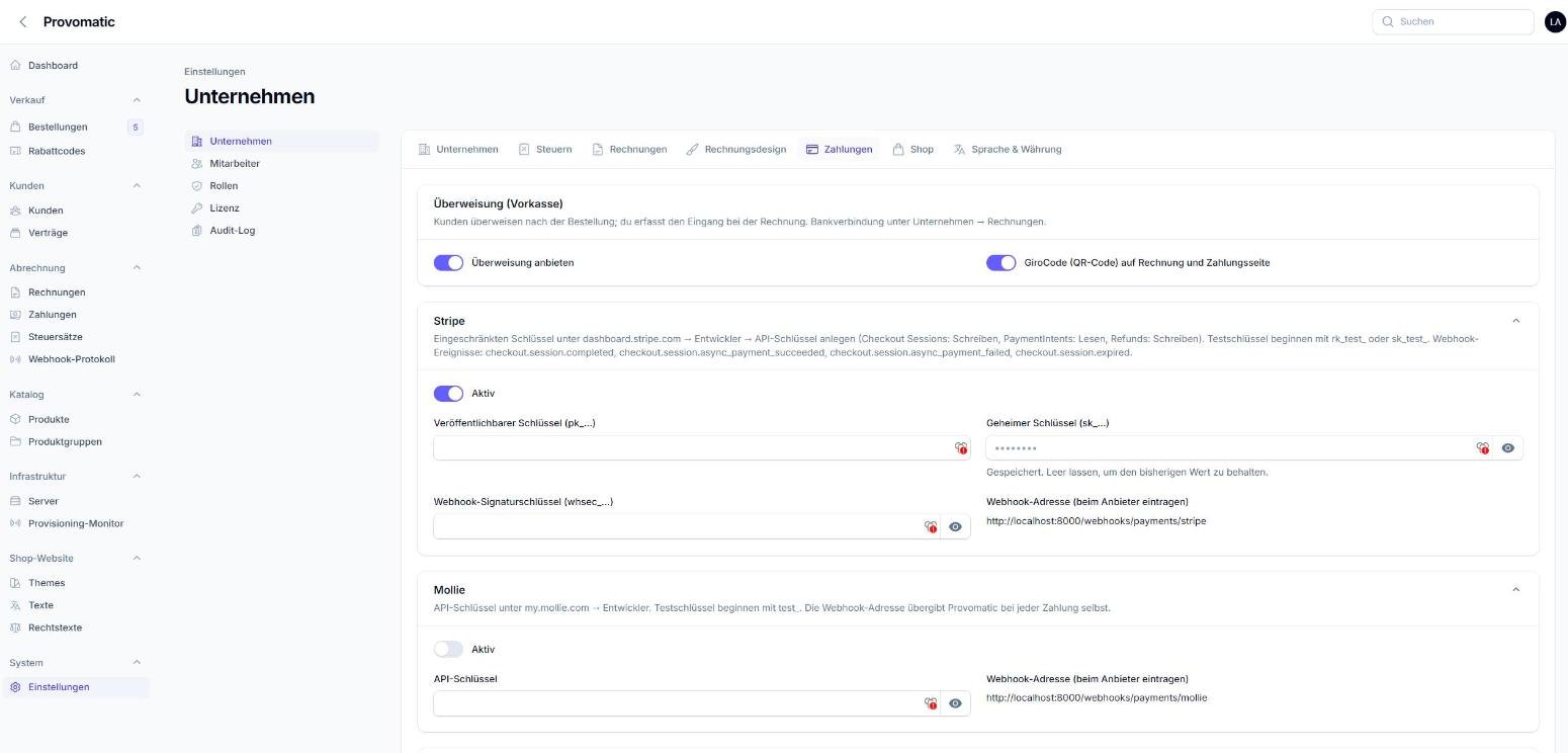 Stripe, PayPal, Mollie und Überweisung, Schlüssel verschlüsselt.