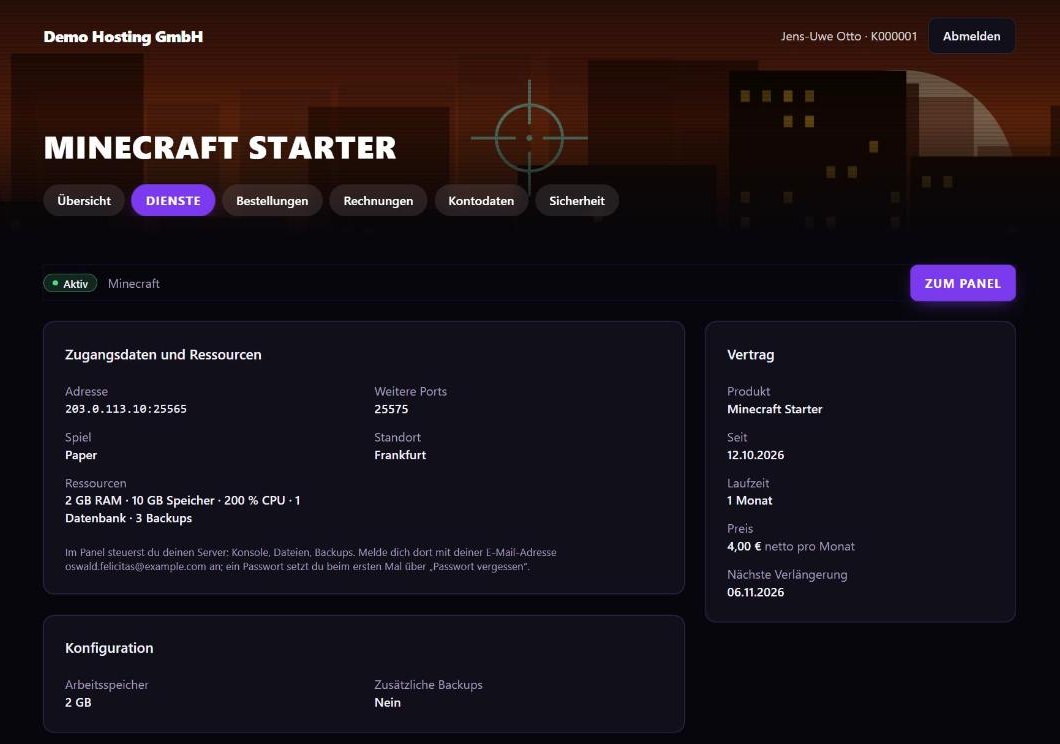 Status, Konfiguration und Direktlink ins Panel.
